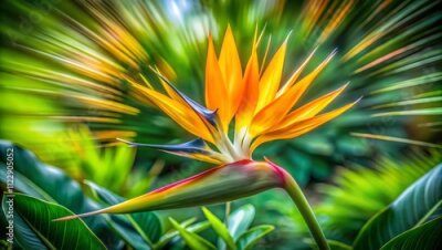 Papier peint  Captivating Long Exposure of Strelitzia Reginae, the Stunning Yellow Bird of Paradise Flower, Bathed in Soft Light with a Dreamy Background of Tropical Foliage
