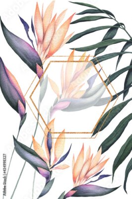 Papier peint  Card Template with Watercolor Strelitzia and Palm Leaf