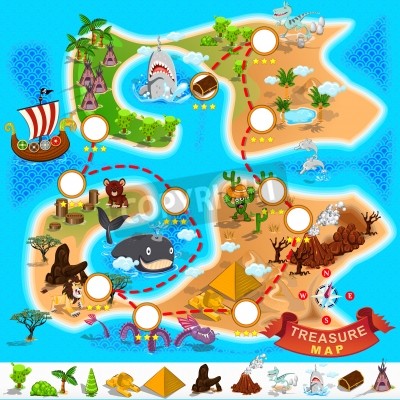 Papier peint  Carte au trésor et bateau de pirates