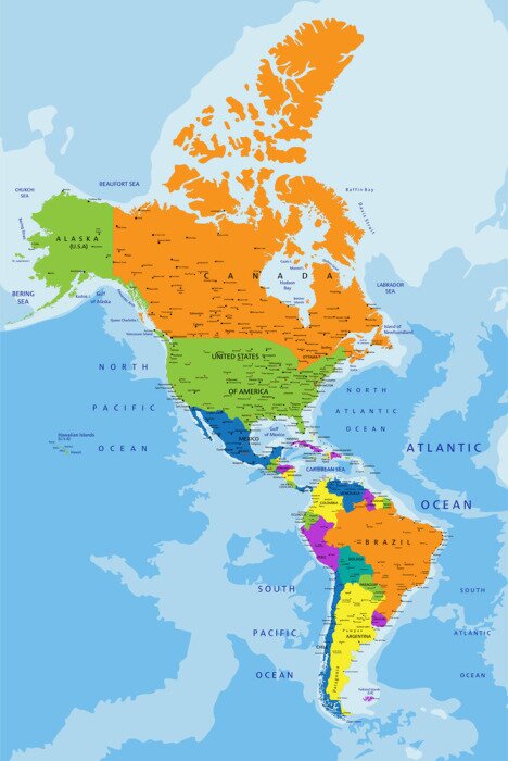 Papier peint  Carte colorée Amériques politique avec clairement étiquetés, couches séparées. Vector illustration.