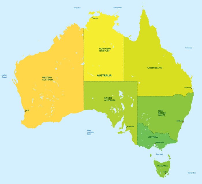 Papier peint  Carte colorée de l'Australie avec division en régions