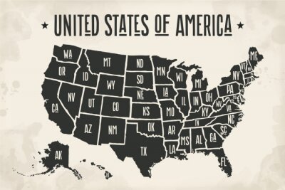 Carte d'affiche des Etats-Unis d'Amérique avec des noms d'état. Carte imprimée en noir et blanc des Etats-Unis pour le t-shirt, l'affiche ou des thèmes géographiques. Police dessinée à la main et cart