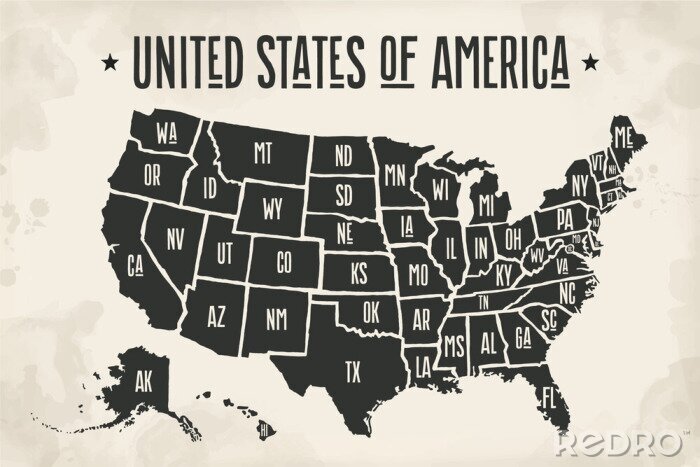 Papier peint  Carte d'affiche des Etats-Unis d'Amérique avec des noms d'état. Carte imprimée en noir et blanc des Etats-Unis pour le t-shirt, l'affiche ou des thèmes géographiques. Police dessinée à la main et cart