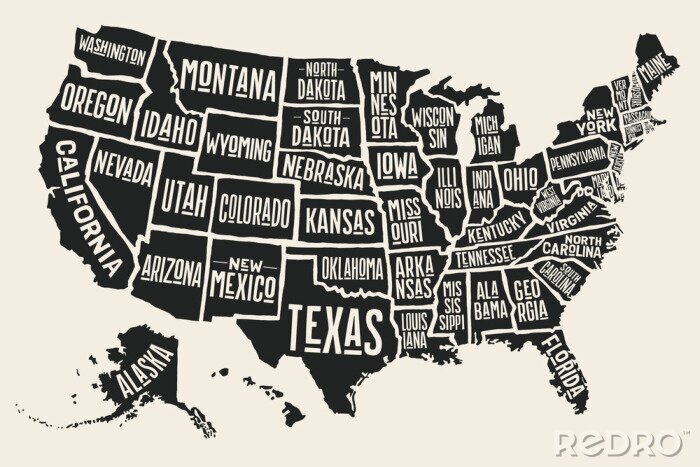 Papier peint  Carte d'affiche des Etats-Unis d'Amérique avec des noms d'état. Carte imprimée en noir et blanc des Etats-Unis pour le t-shirt, l'affiche ou les thèmes géographiques. Hand-drawn carte noire avec les é