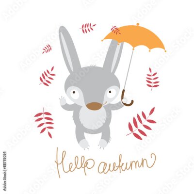Papier peint  Carte d'automne avec lièvre mignon de bande dessinée, de parapluies et les feuilles d'automne.