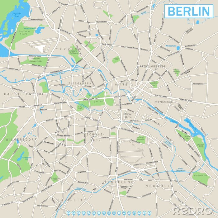 Papier peint  Carte de Berlin et les icônes de navigation Plan de rue de vecteur très détaillé de Berlin. Il comprend: - les rues - les parcs - les noms des sous-districts - les noms d'objets aquatiques