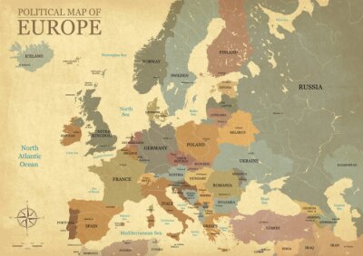 Carte de l'Europe avec des chapiteaux - Texture vintage - Langue Anglais / US - Vector CMJN
