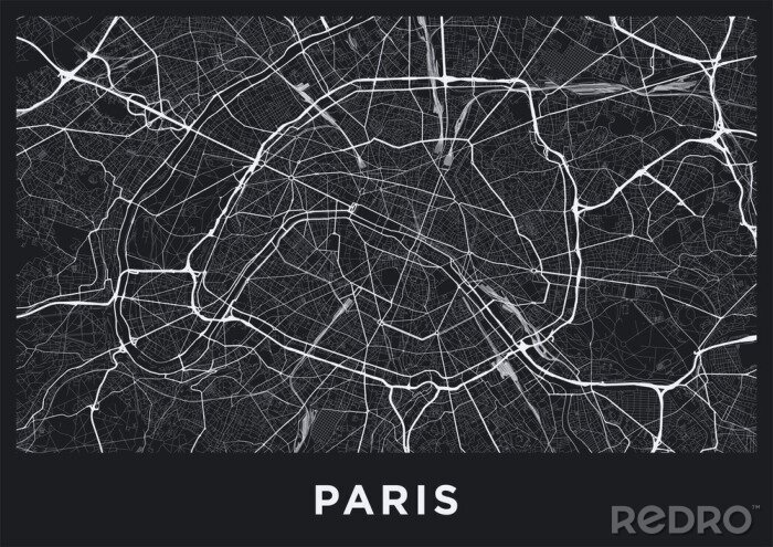 Papier peint  Carte de la ville de Paris sombre. Carte routière de Paris (France). Illustration en noir et blanc (sombre) des rues parisiennes. Format affiche imprimable (album).