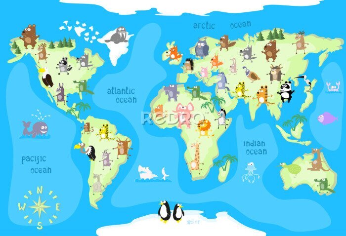 Papier peint  Carte de monde de conception avec des animaux de tous les continents et des océans dessinant dans le style drôle de bande dessinée pour des enfants et des enfants d'âge préscolaire. Illustration vecto