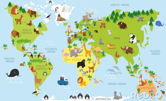 Papier peint  Carte de monde drôle de bande dessinée avec les animaux traditionnels de tous les continents et océans. Vecteur, Illustration, préscolaire, éducation, enfants, conception