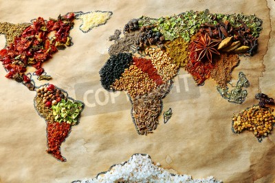 Papier peint  Carte de monde fait à partir de différentes sortes d'épices, close-up