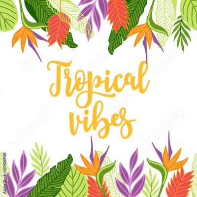 Papier peint  Carte de voeux de la jungle avec bordure transparente - strelitzia, branches de palmier, feuilles