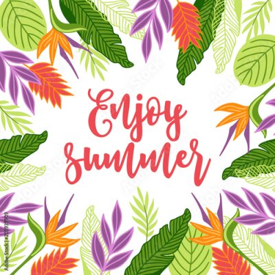 Papier peint  Carte de voeux de la jungle avec strelitzia, palm et feuilles tropicales