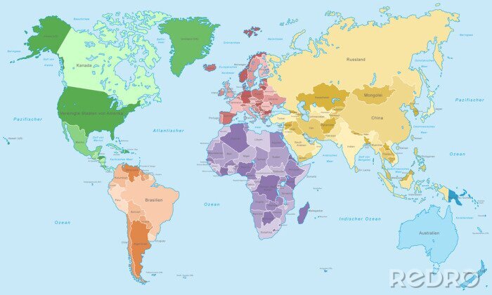 Papier peint  Carte de Weltkarte - einzelne Kontinente in Farbe (Détails)