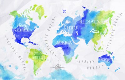 Carte du monde aquarelle verte et bleue