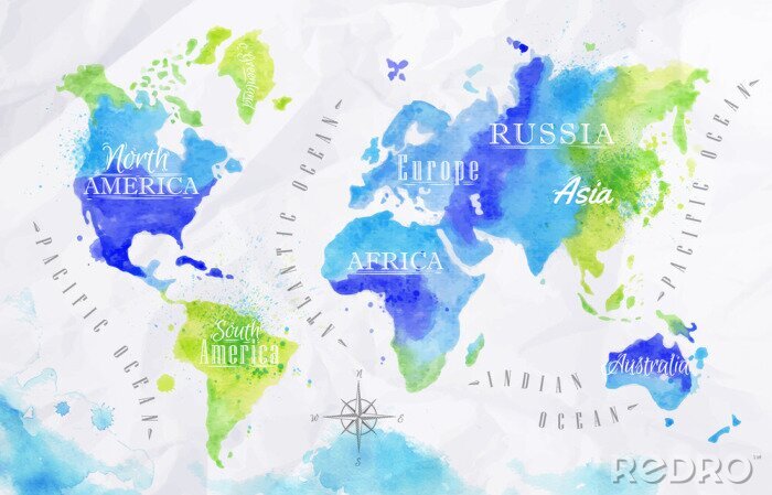 Papier peint  Carte du monde aquarelle verte et bleue