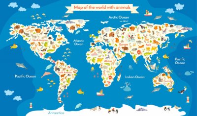 Papier peint  Carte du monde avec des animaux. Belle illustration vectorielle colorée avec l'inscription des océans et des continents. Préscolaire, pour bébé, enfants, enfants et tout le monde