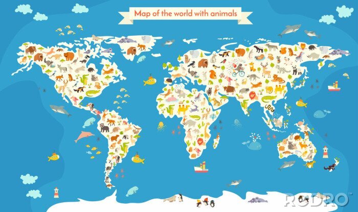 Papier peint  Carte du monde avec des animaux. Belle illustration vectorielle colorée. Préscolaire, pour bébé, enfants, enfants et tout le monde