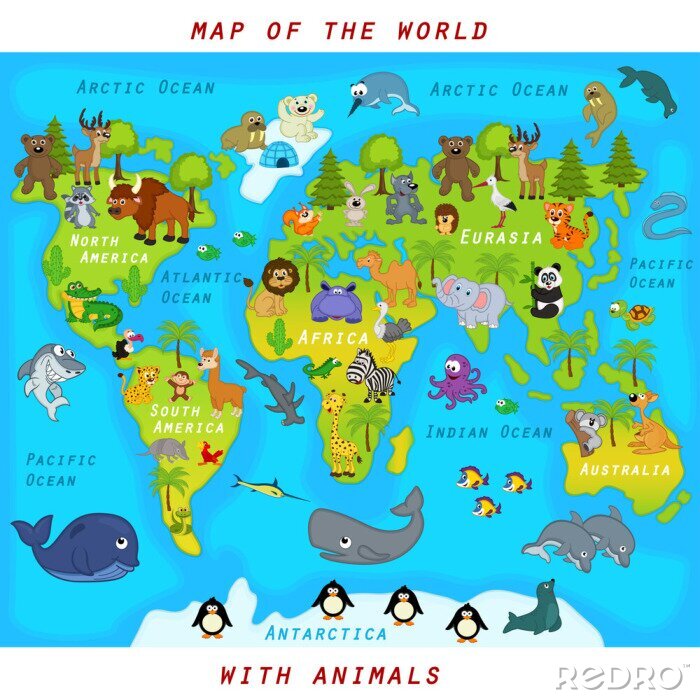 Papier peint  Carte du monde avec des animaux - illustration vectorielle, eps
