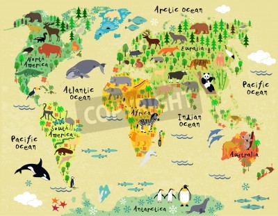 Papier peint  Carte du monde avec des animaux pour enfants
