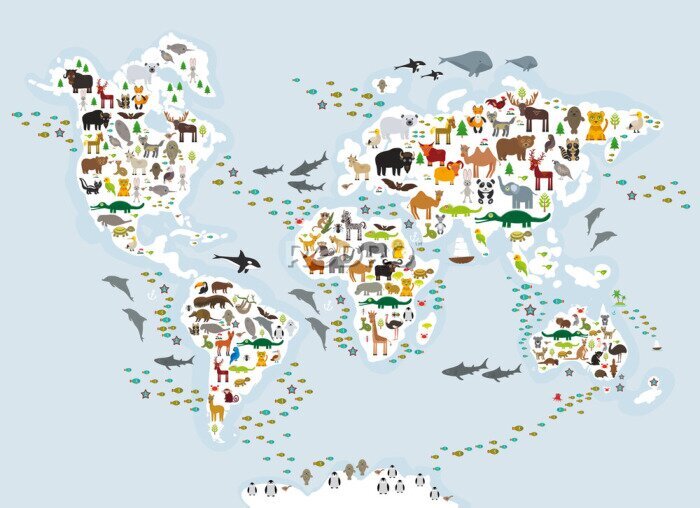 Papier peint  Carte du monde avec des animaux sur fond bleu