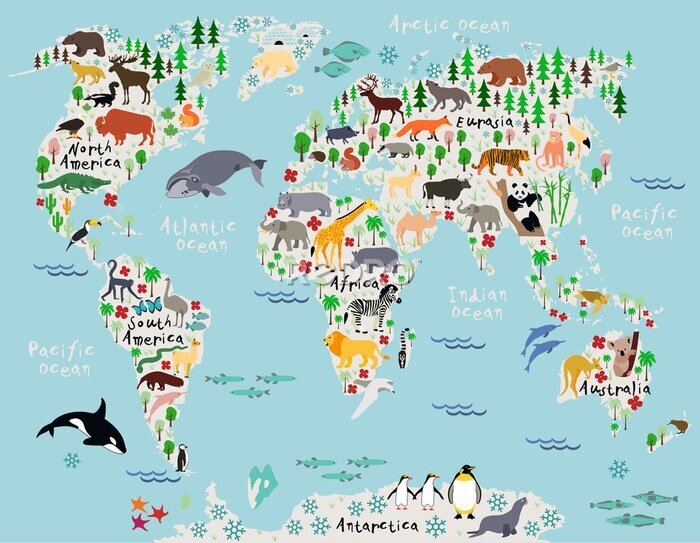 Papier peint  Carte du monde avec des animaux - version anglaise