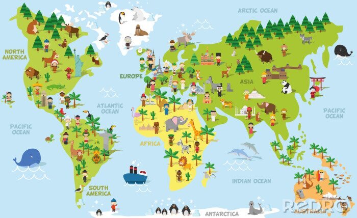 Papier peint  Carte du monde avec des animaux vivant sur les continents