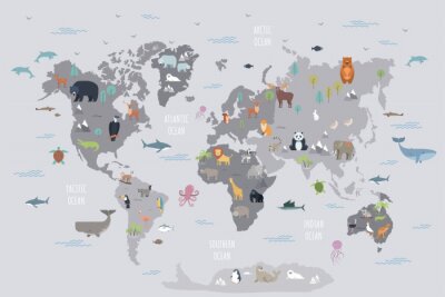Papier peint  Carte du monde avec les animaux des continents et des océans