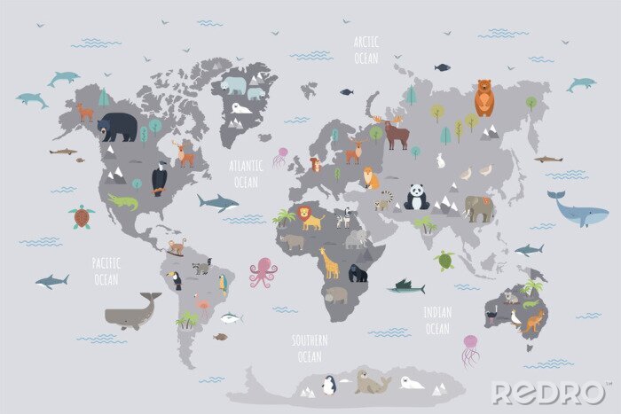 Papier peint  Carte du monde avec les animaux des continents et des océans