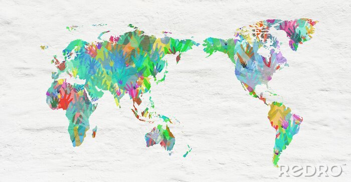 Papier peint  Carte du monde avec les mains de différentes couleurs
