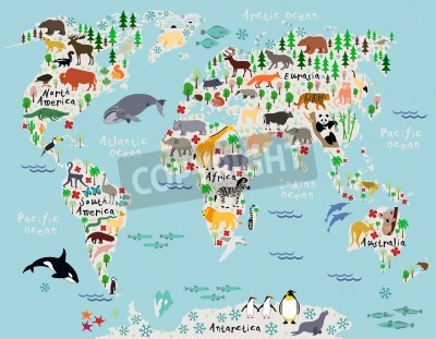 Papier peint  Carte du monde avec les océans et des animaux