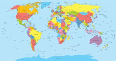 Papier peint  Carte du monde avec les pays, le pays et les noms de ville