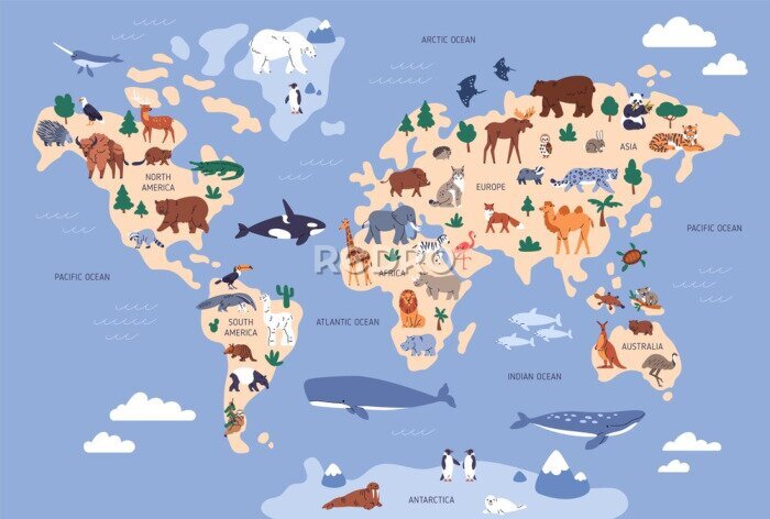Papier peint  Carte du monde avec poissons et animaux motif pour enfants