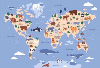 Papier peint  Carte du monde avec poissons et animaux motif pour enfants