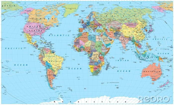 Papier peint  Carte du monde coloré - frontières, pays, routes et villes