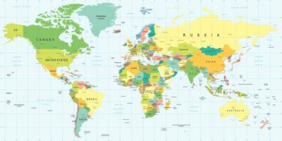 Papier peint  Carte du monde colorée détaillée avec un quadrillage géographique