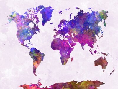 Papier peint  Carte du monde dans l'aquarelle pourpre chaude