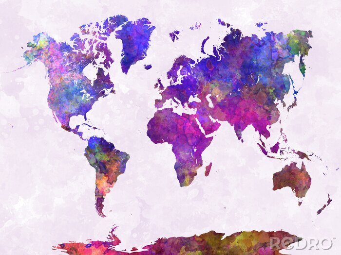Papier peint  Carte du monde dans l'aquarelle pourpre chaude