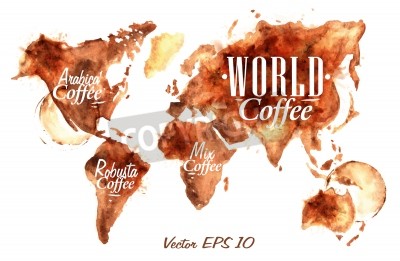 Papier peint  Carte du monde de café dessinée Verser le café avec le café arabica de l'inscription, le café Robusta avec des éclaboussures et des taches imprime Coupe