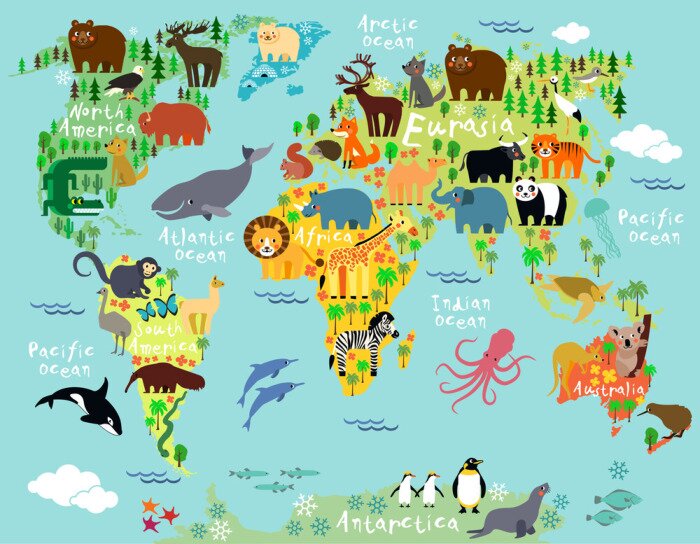 Papier peint  Carte du monde de conte de fées avec animaux
