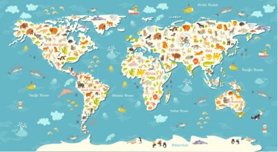 Carte du monde des animaux. Belle illustration colorée joyeux vecteur pour les enfants et les enfants. Préscolaire, bébé, continents, océans, dessiné, la terre