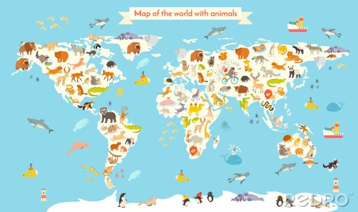 Papier peint  Carte du monde des animaux. Illustration colorée de vecteur de bande dessinée pour des enfants et des gamins. Préscolaire, éducation, bébé, continents, océans, dessiné, la terre