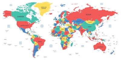 Papier peint  Carte du monde détaillée avec frontières, pays et villes