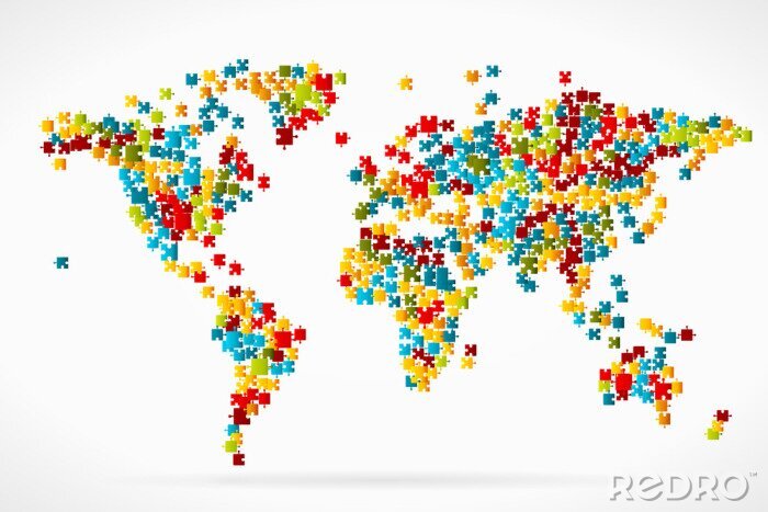 Papier peint  Carte du monde faite de pièces de puzzle colorées