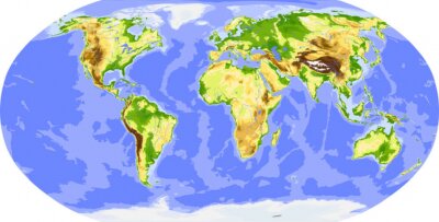 Carte du monde physique. Coloré pour élévation.