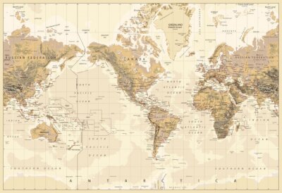 Carte du Monde Physique Cruciale-America Centered-Colors of Brown