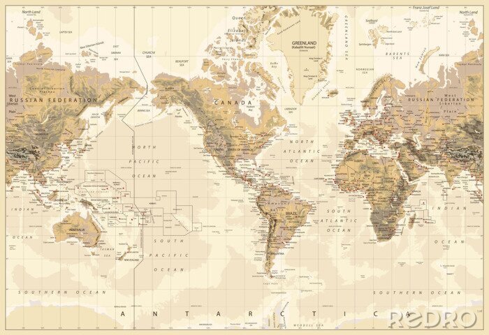 Papier peint  Carte du Monde Physique Cruciale-America Centered-Colors of Brown