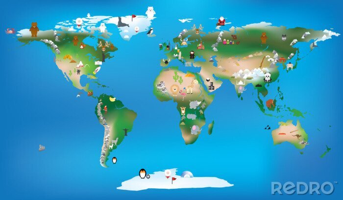 Papier peint  carte du monde pour enfants à l'aide de dessins d'animaux et de la célèbre lan