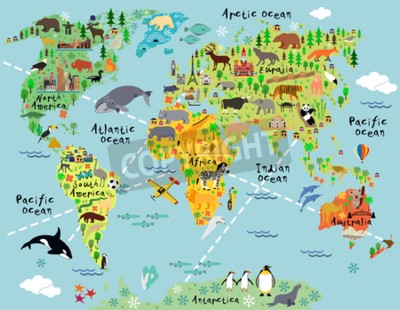 Carte du monde pour enfants avec de nombreux animaux