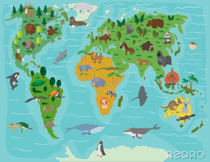 Papier peint  Carte du monde pour enfants avec des animaux